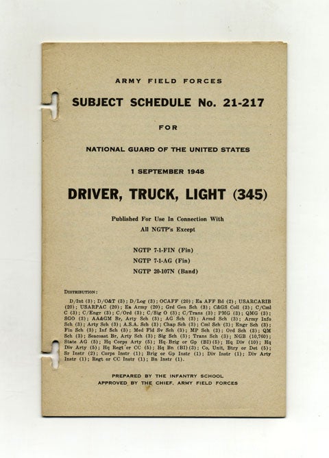 Book #18925 Subject Schedule No. 21-217 For The National Guard Of The United States - Driver, Truck, Light (345). Army Field Forces.