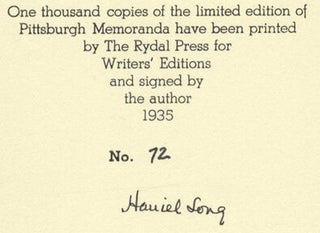Pittsburgh Memoranda - 1st Signed Limited Numbered Edition / 1st Printing